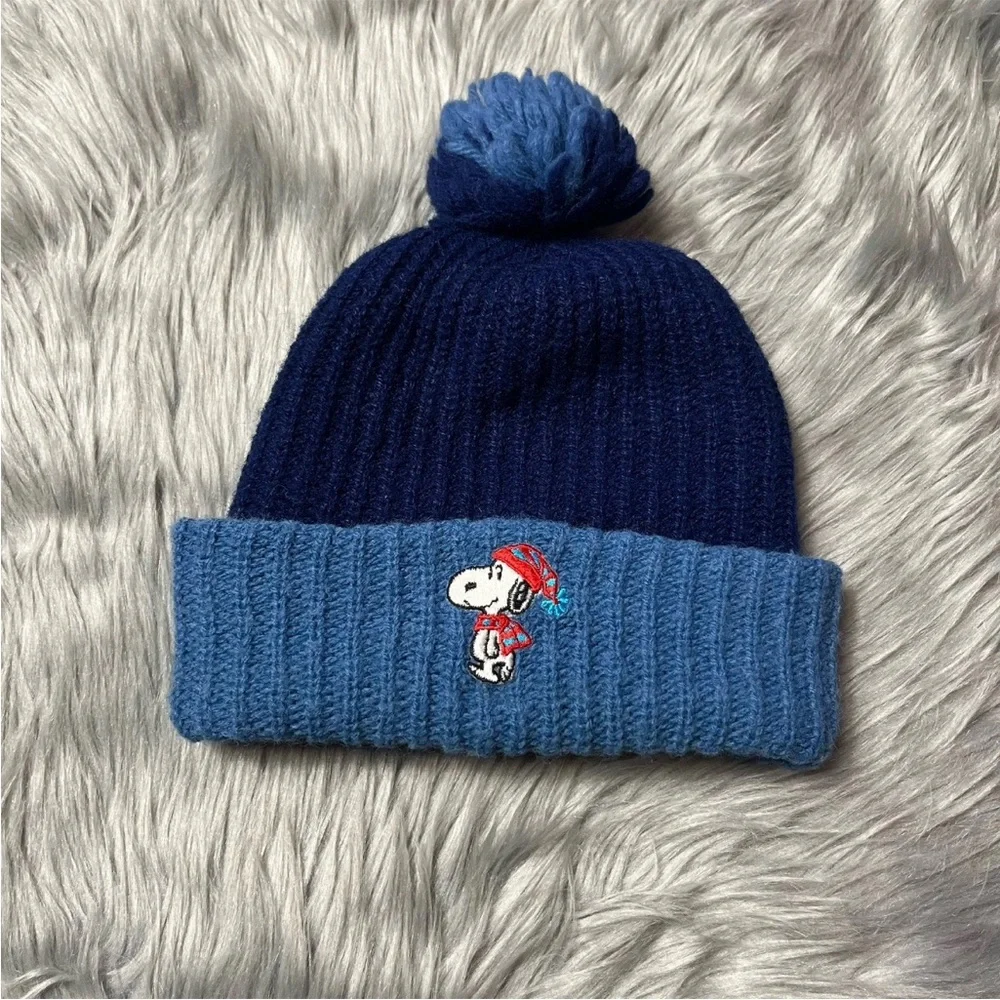 Vintage Snoopy Peanuts Blue Navy Kids Pom Knit Orlon Acrylic Beanie